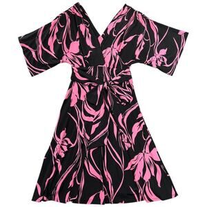 Vintage Y2K Roulette Black Pink Floral Wrap Dress Kimono Sleeve Belted Stretch L